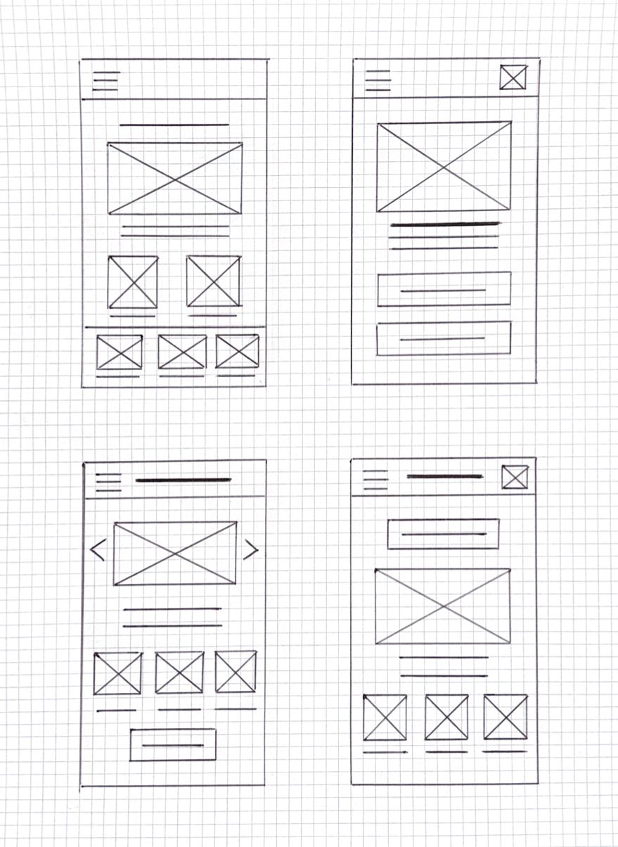 Paper wireframe explorations, several versions of the home screen