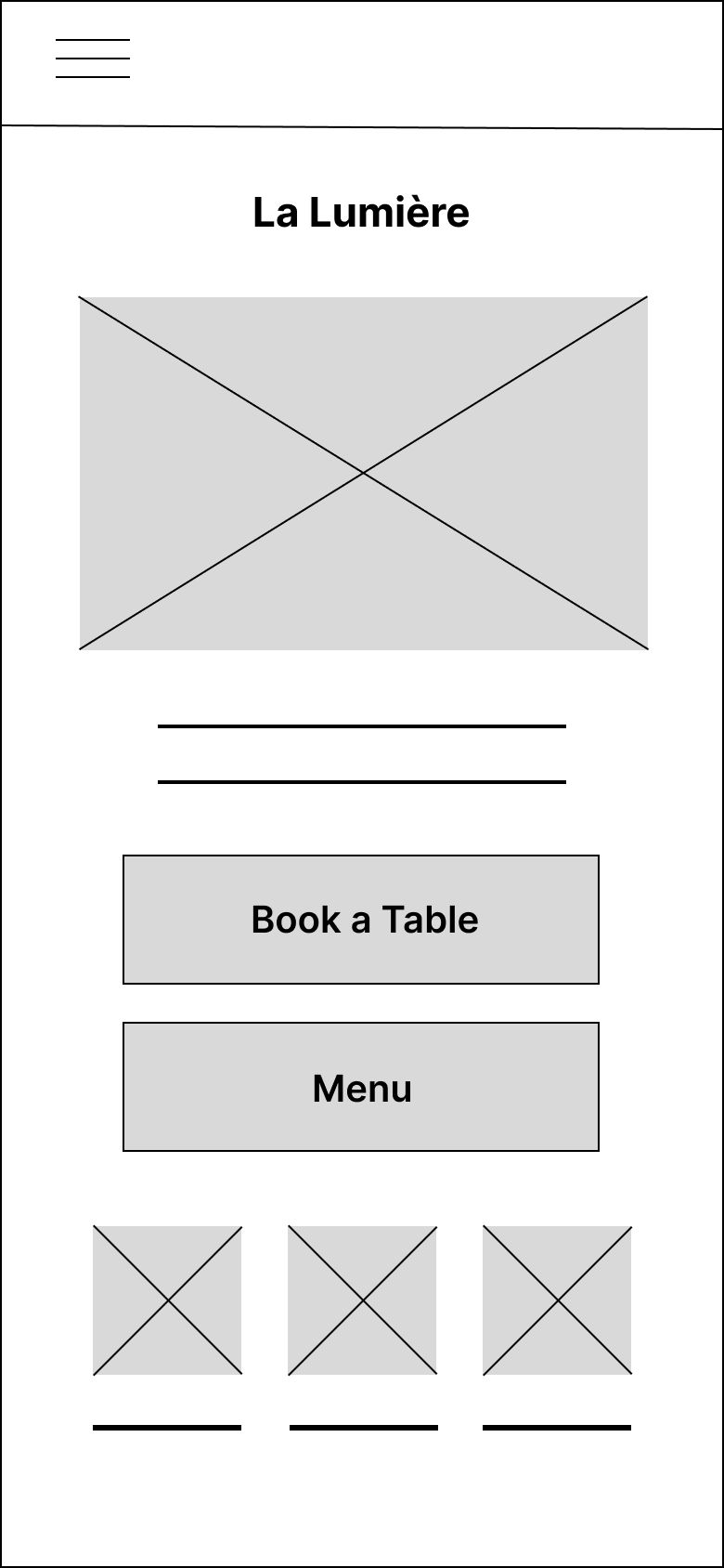 Final digital wireframe with Book a Table and Menu buttons