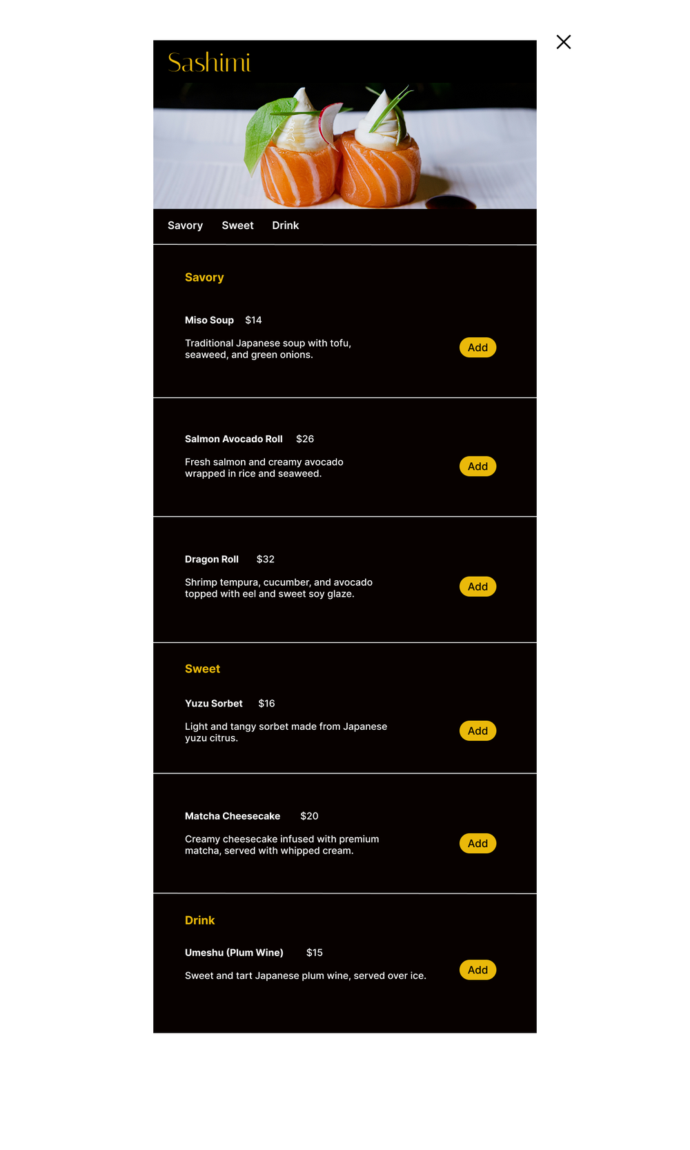 Order, menu