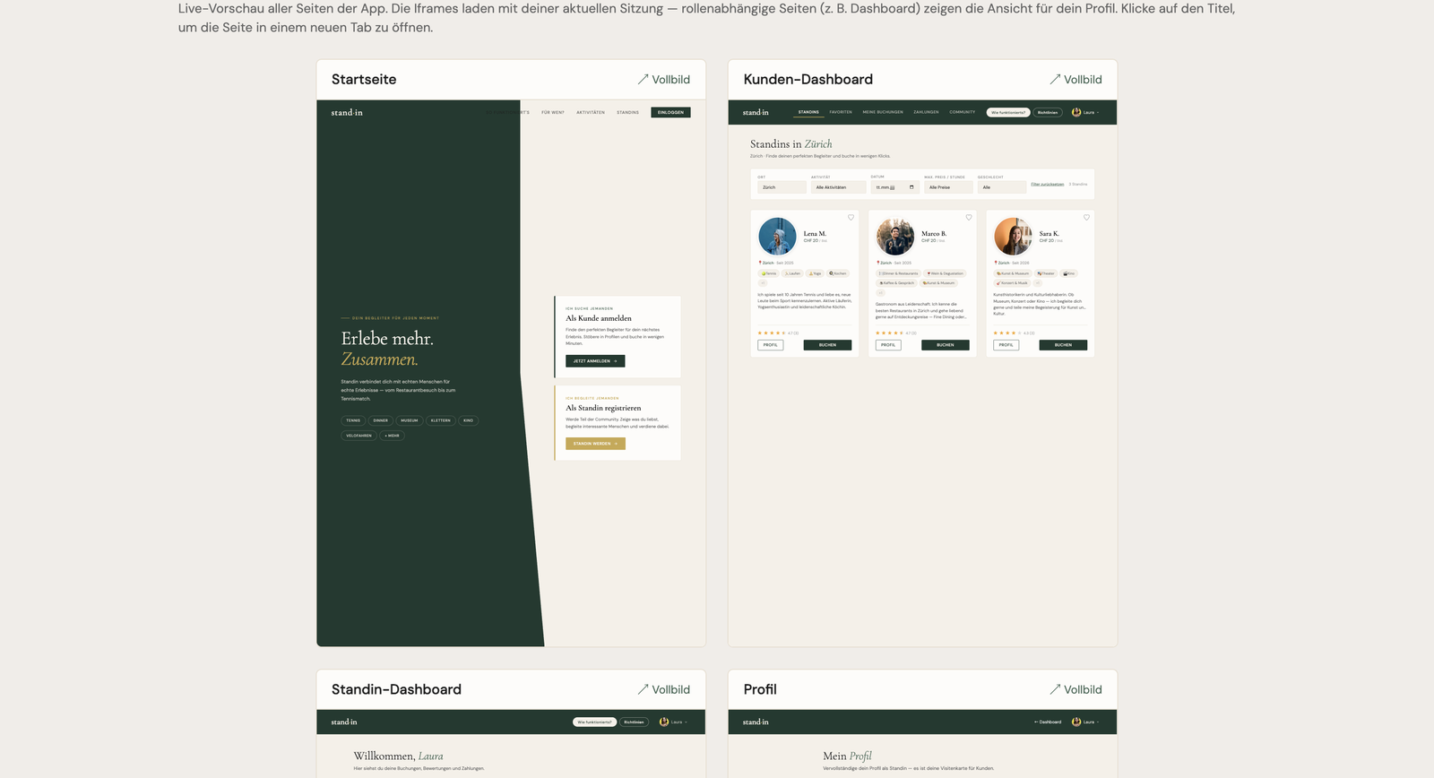 Admin dashboard with a live preview grid of every app page