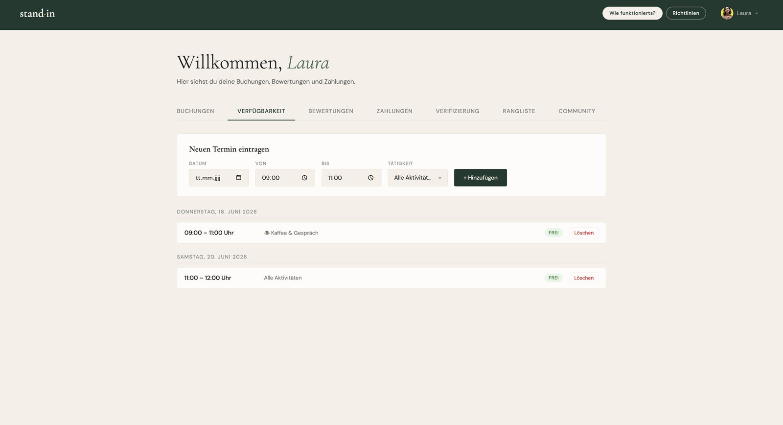 Standin dashboard availability calendar with free and booked slots