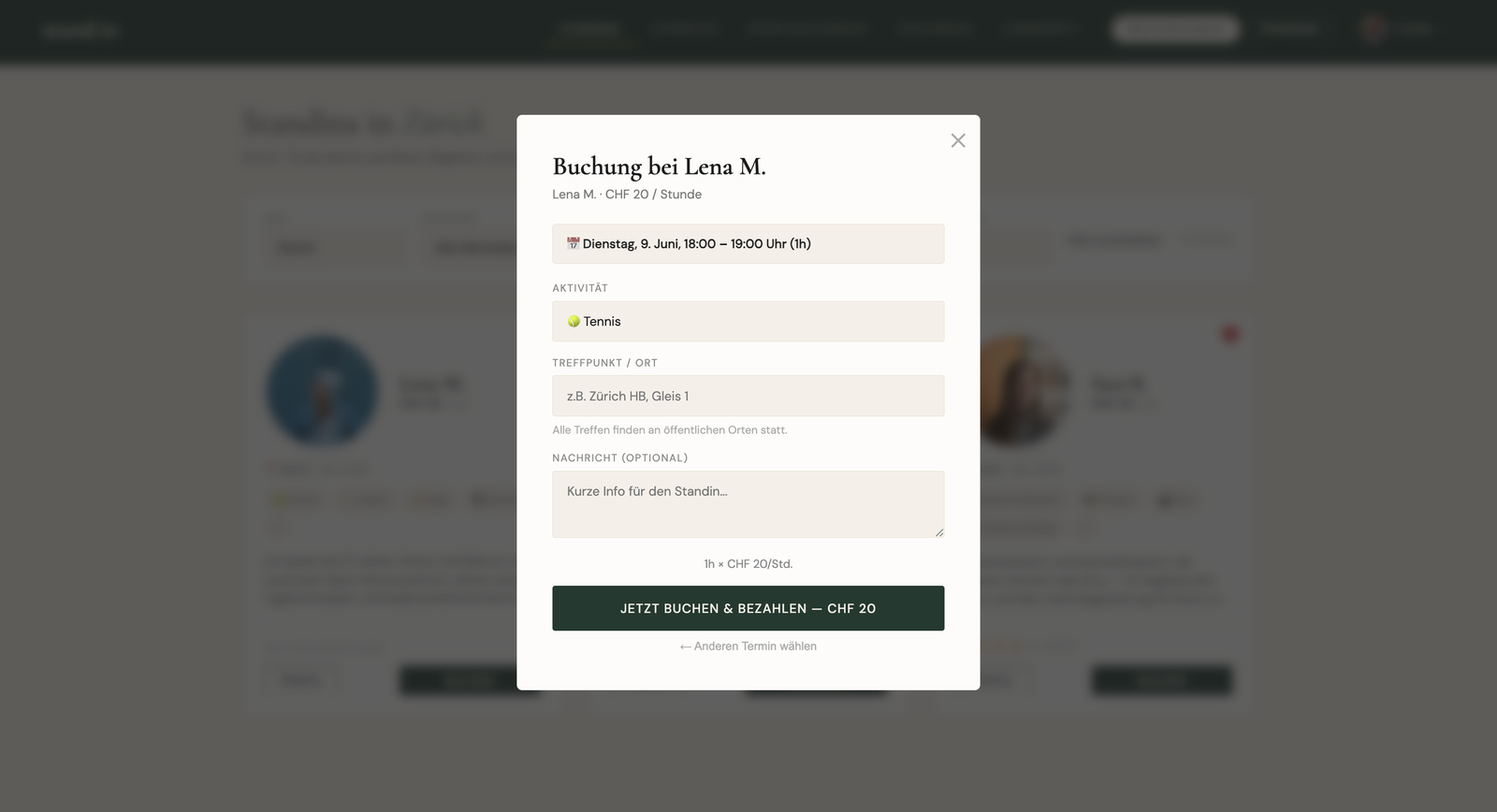 Step 2: choose activity, meeting point and optional message