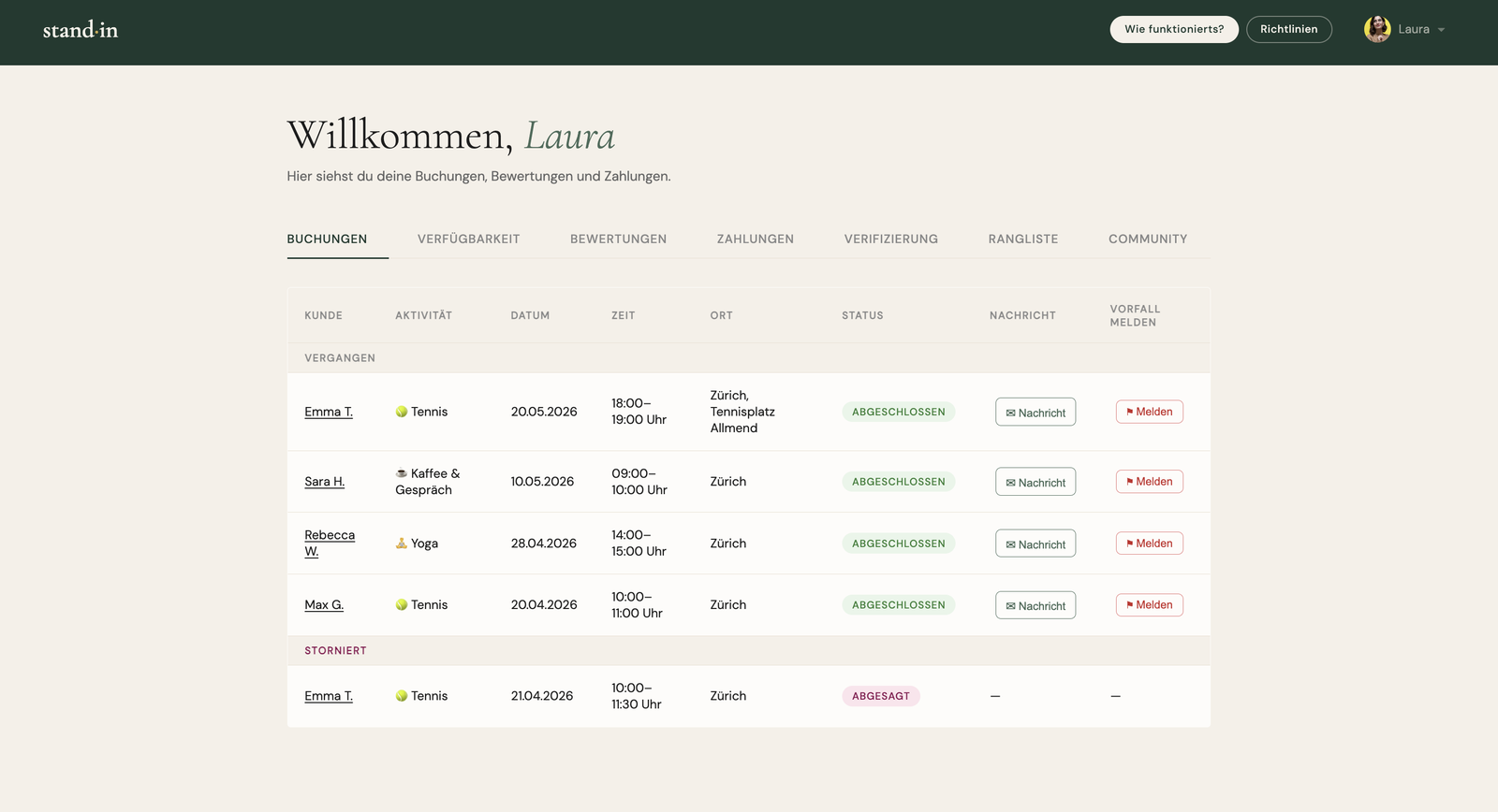 Companion dashboard: bookings overview with status and per-booking actions