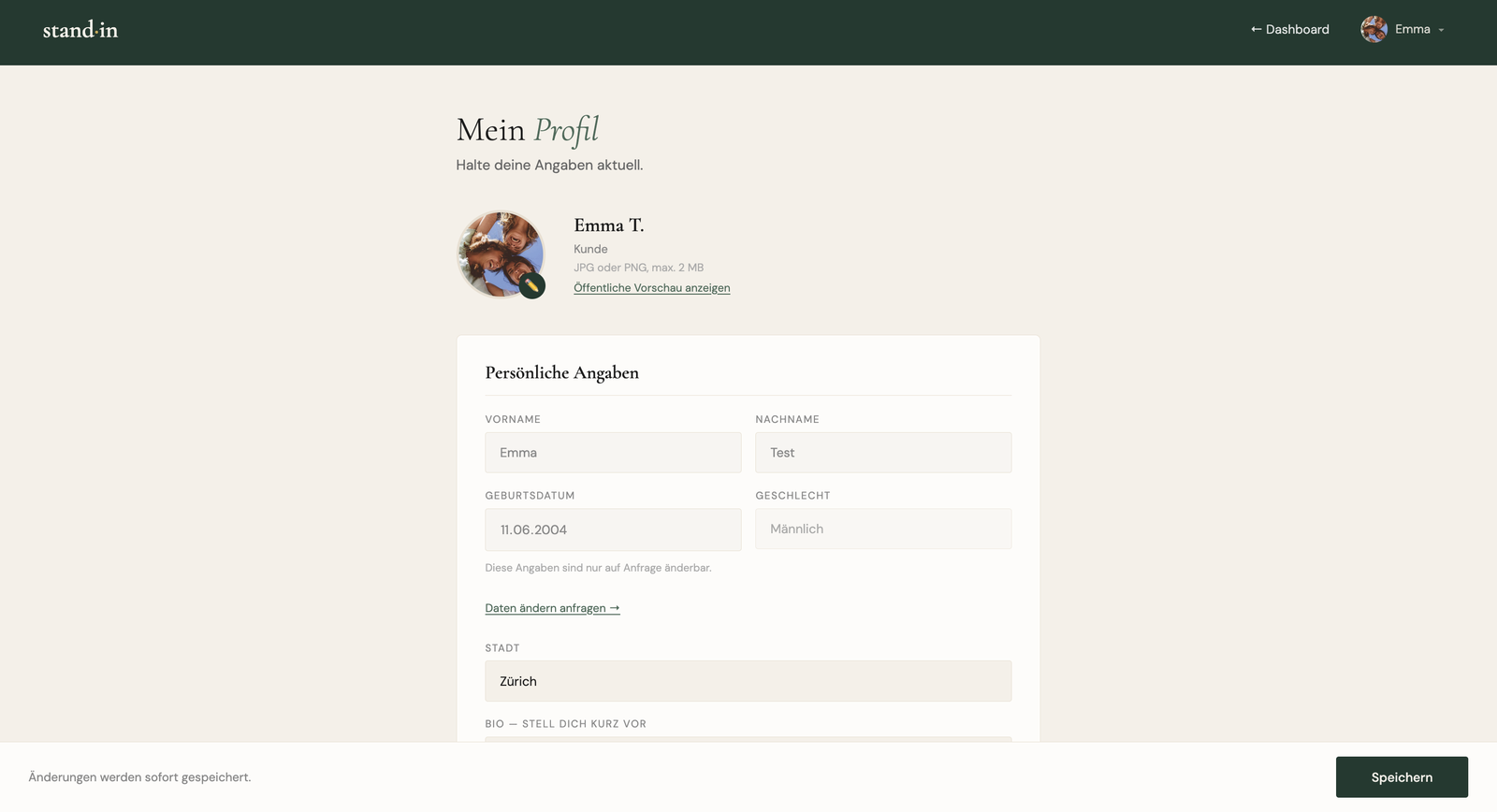 Customer profile: personal details and interests