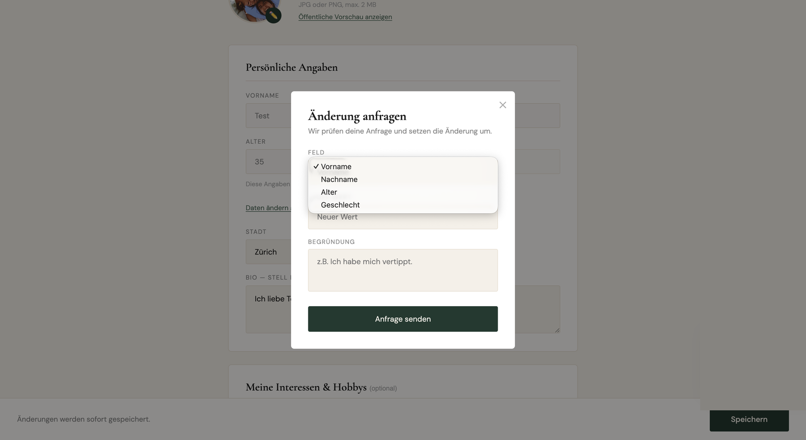 Profile change-request modal with a field picker and a reason