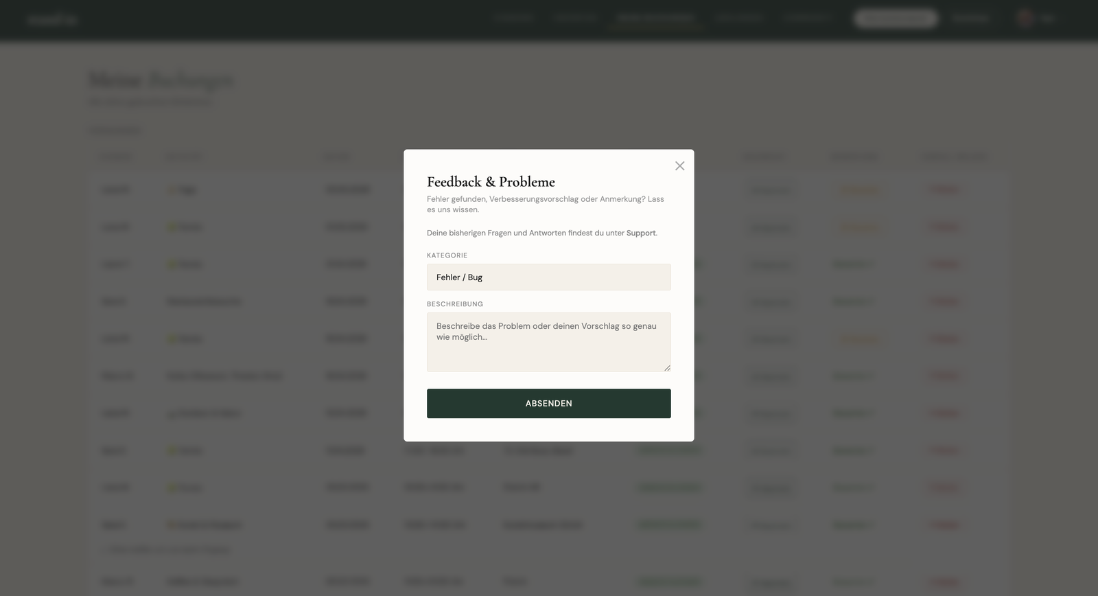 Feedback and support modal with a category select and message