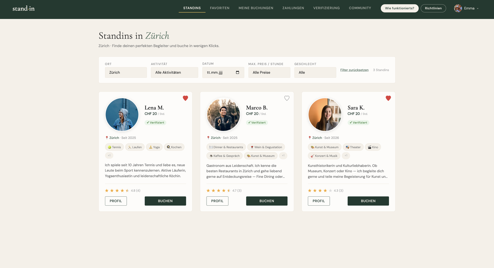 Customer dashboard: all standins in a city with filters