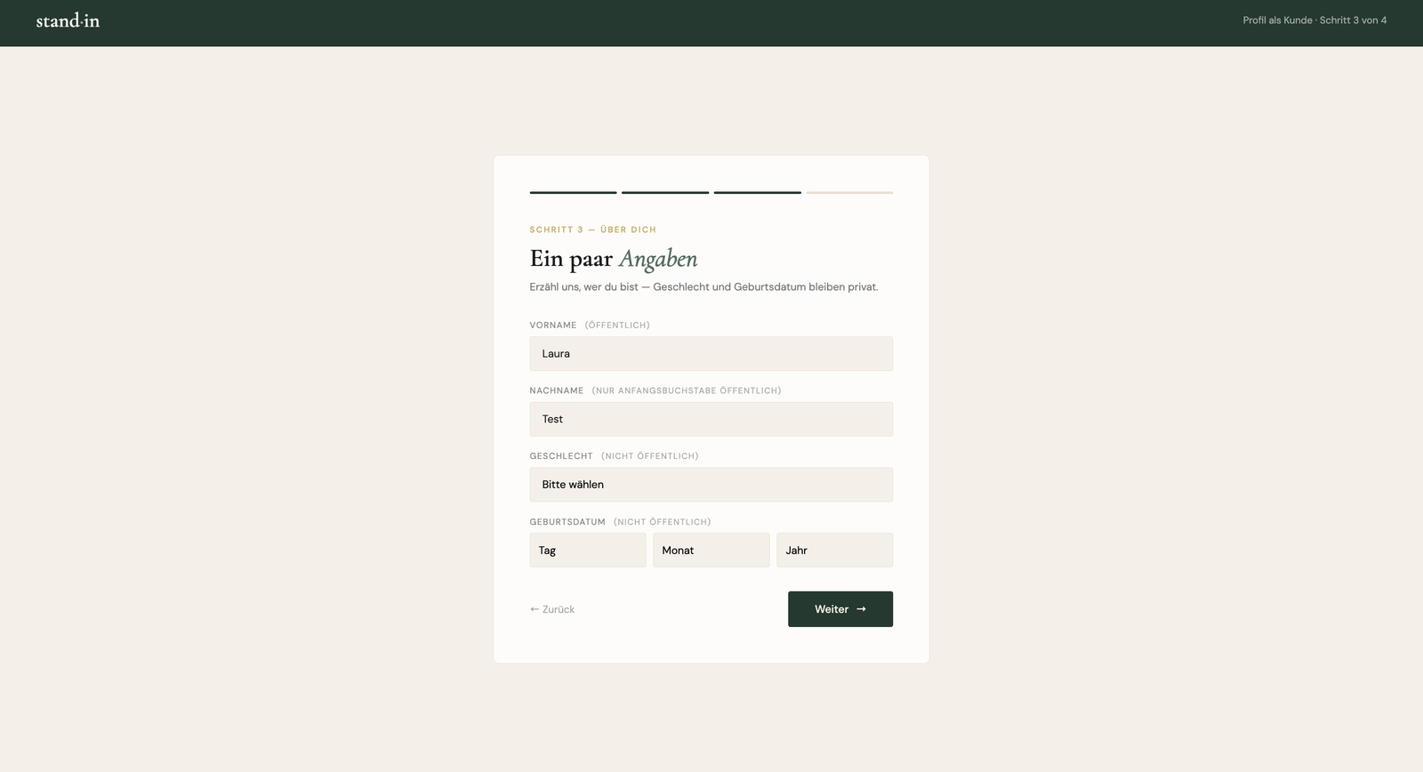 Onboarding step 3: name, gender and date of birth