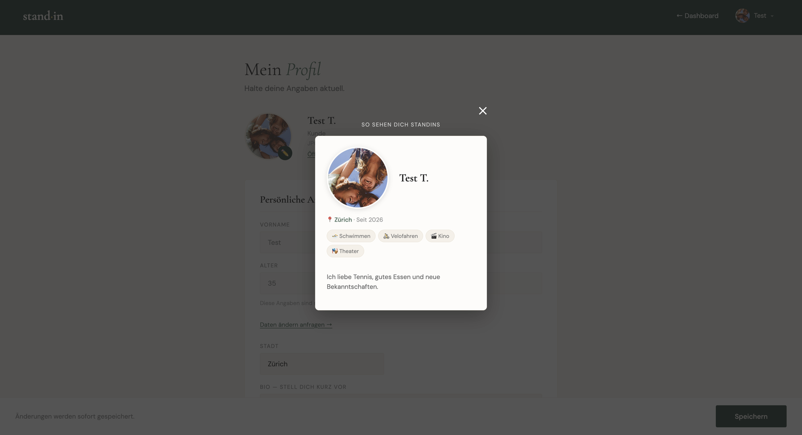 Profile preview showing how the user appears to the other side