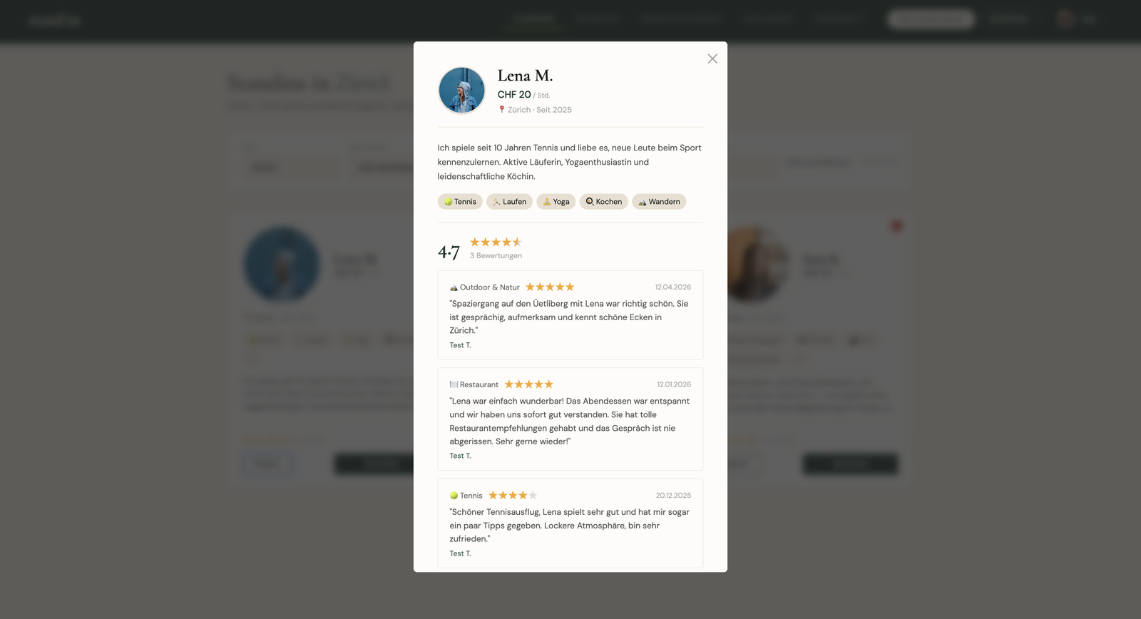 Full standin profile with bio, activities, verified badge and reviews