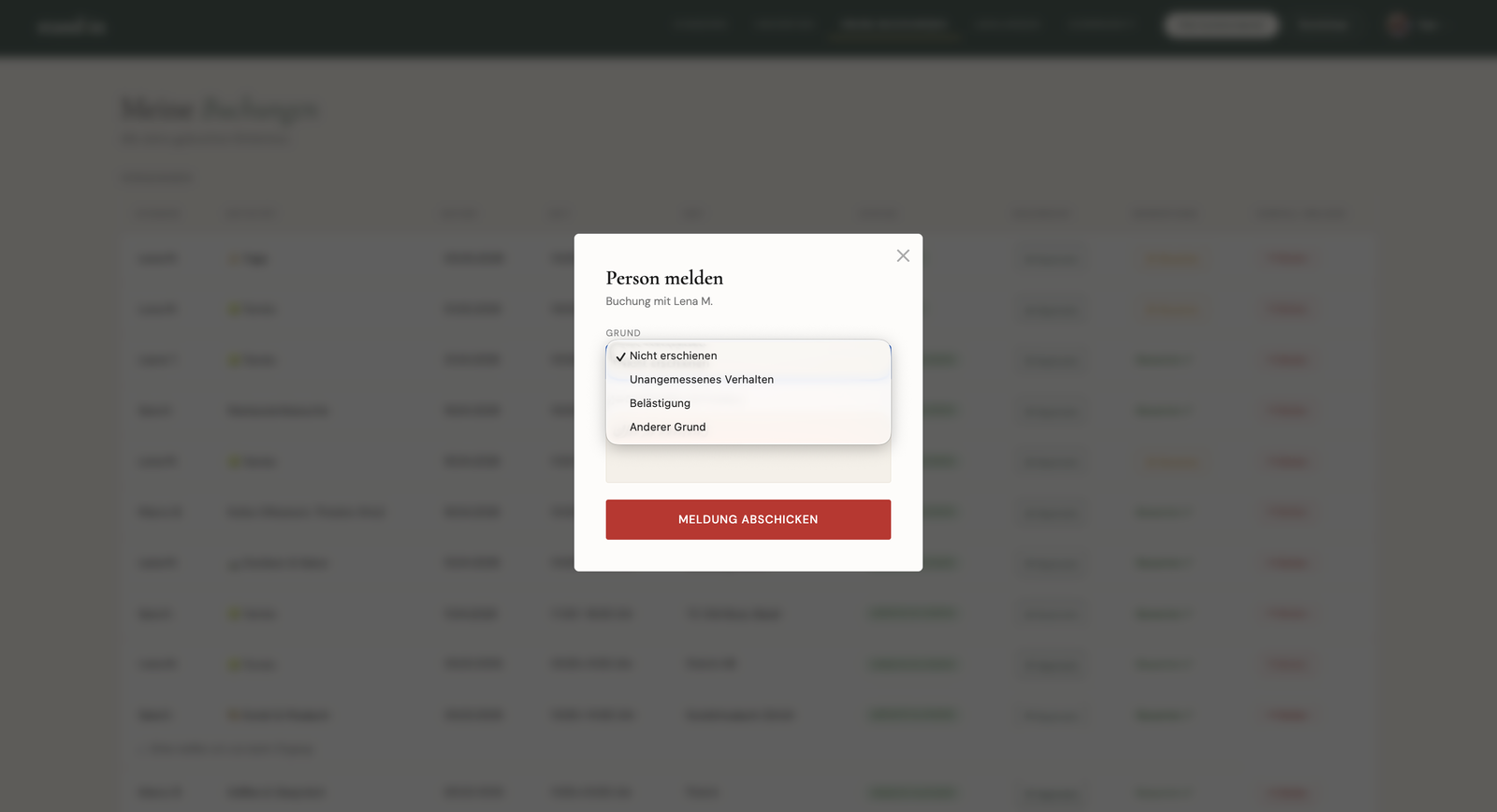 Report-a-user modal with a reason dropdown and optional description