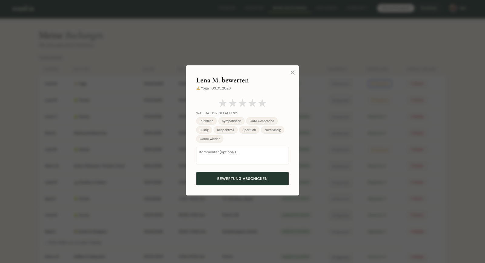 Review modal: star rating, keyword chips and optional comment