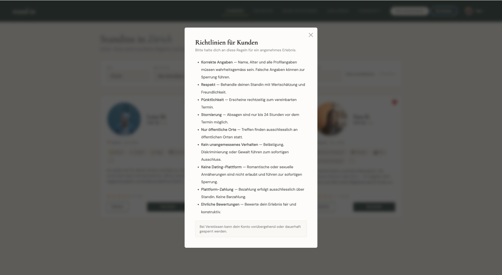 Community guidelines modal: rules for behaviour, meeting in public, no dating or escort