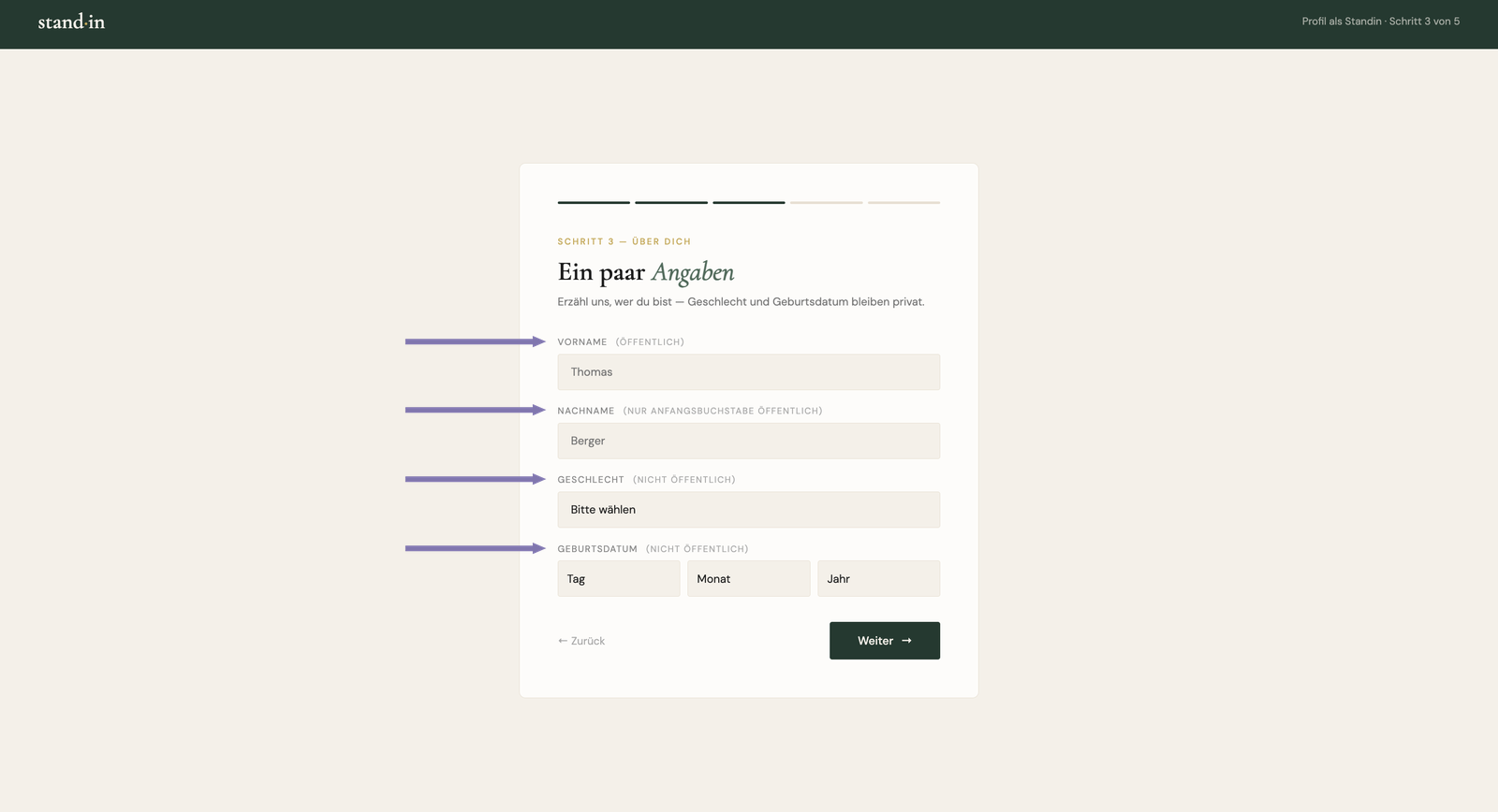 Standin onboarding: each field labelled public or private