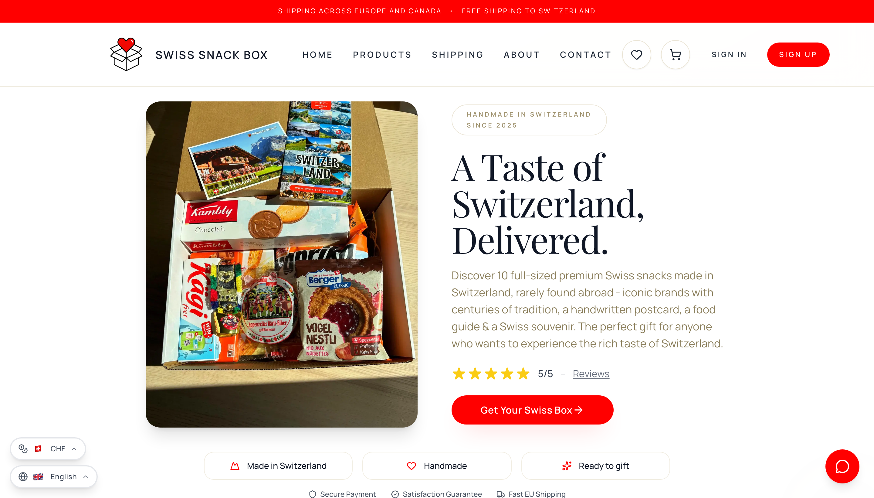 The redesigned Swiss Snackbox website: clean red-and-white design with real product photography