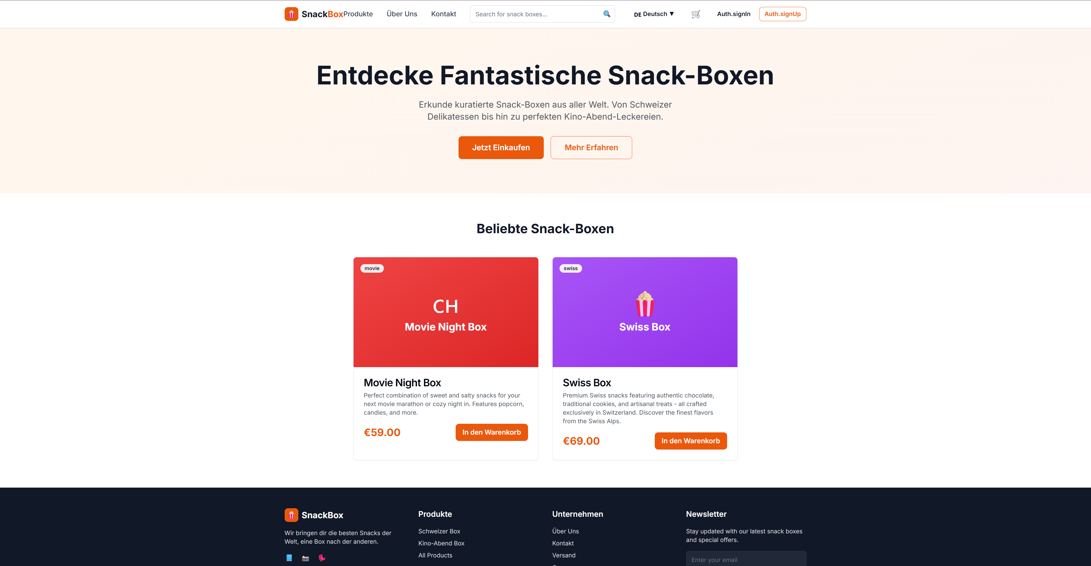 The old Swiss Snackbox website: a generic orange template with placeholder product cards