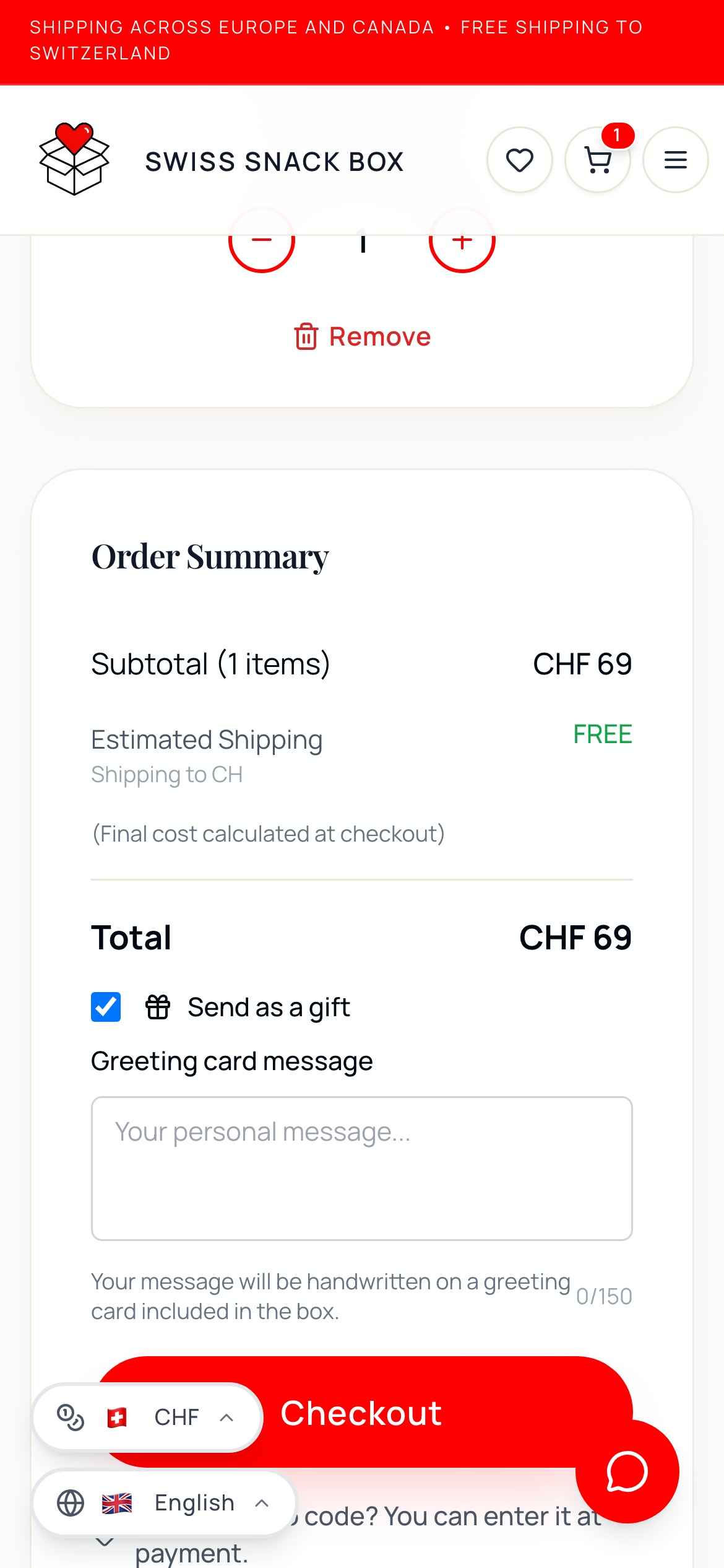 Cart with the send-as-a-gift option and a personal message field