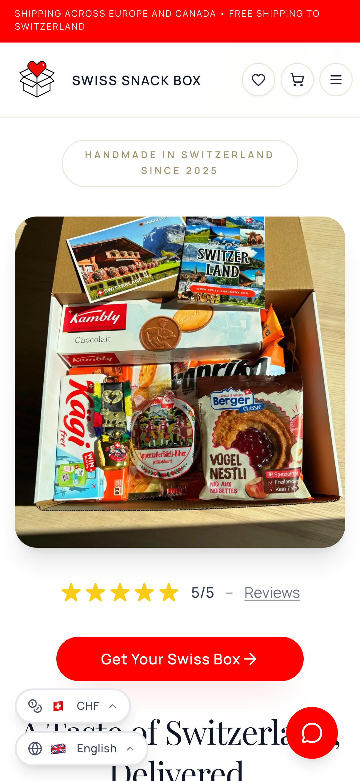 Swiss Snackbox mobile homepage hero with product photo and buy button