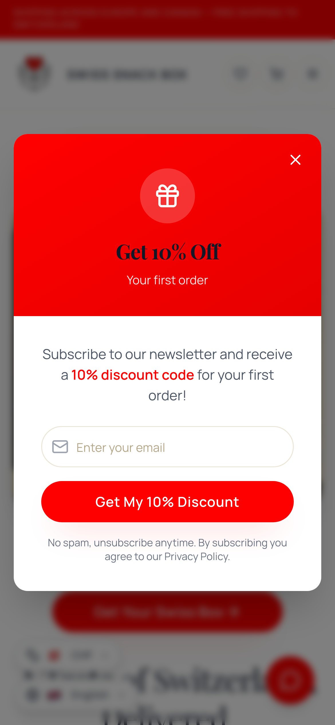Newsletter popup offering 10% off the first order