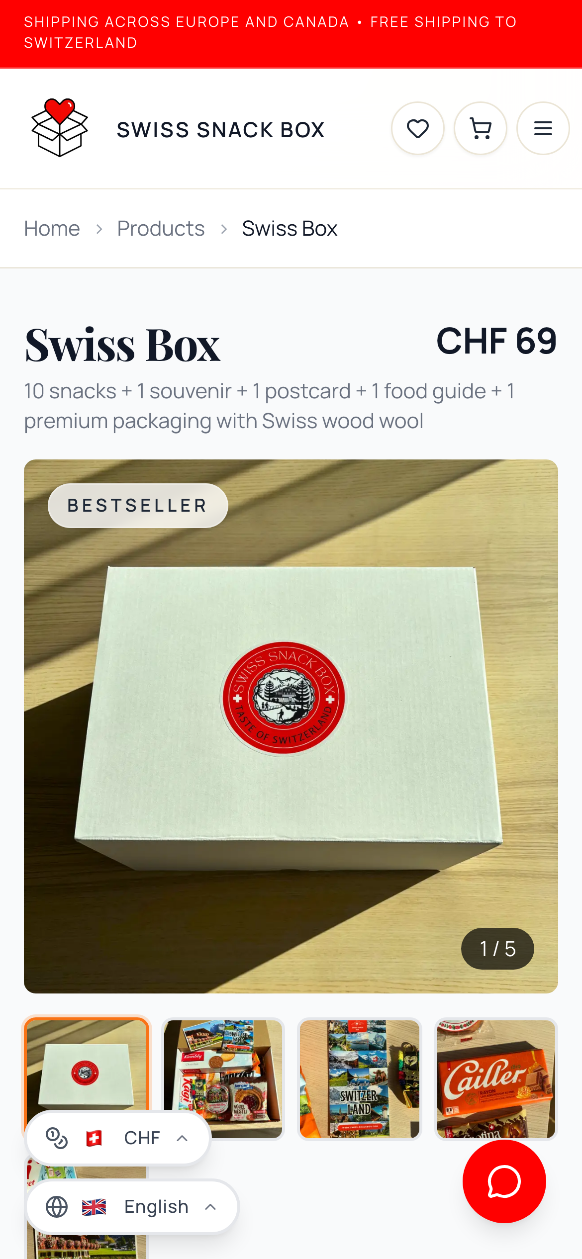 Swiss Box product page showing the box, price and contents