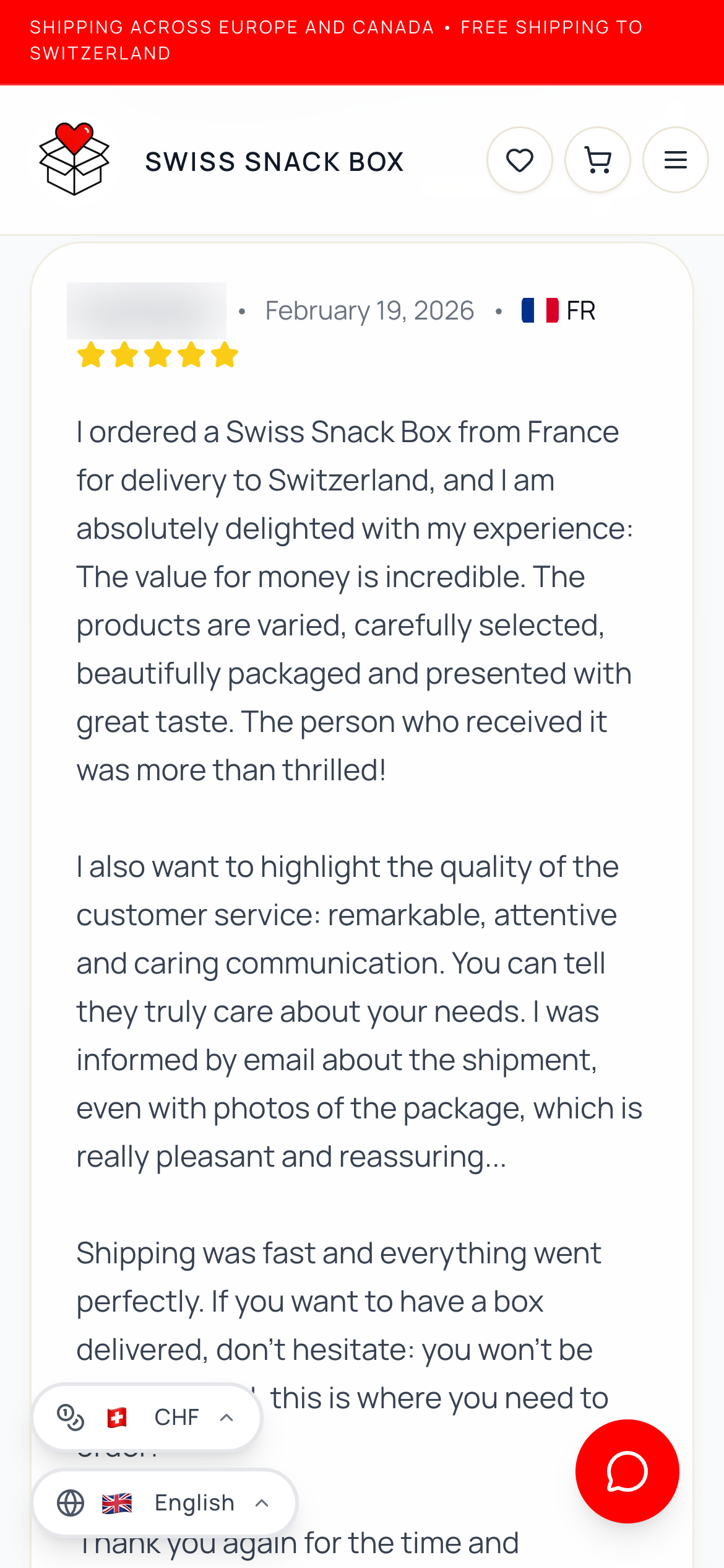 Product page showing a five-star customer review